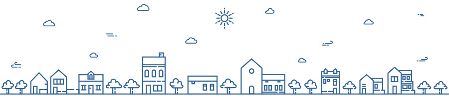 Line drawing of a cityscape with houses, trees, clouds and the sun in medium blue.