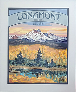 an image of an artwork that had the text Longmont at the top in a ribbon. the image below shows a snowy mountain with a yellow sunset behind it and yellow prairie grass with every green trees and a pond at the forefront.