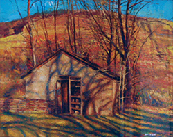 a gouache painting of a small shack in fall with bare trees and yellow orange grass surrounding it on a hill with a crisp blue sky.