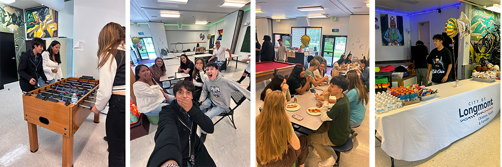 Four images show youth laughing, eating, and playing in the Longmont Youth Center