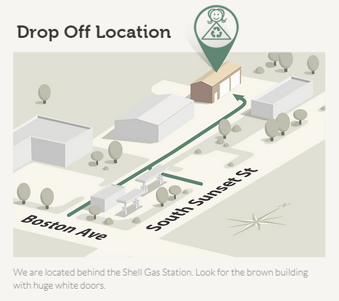 3D render to that shows route to drop off Boston Ave or South Sunset Street with caption We are located behind the Shell Gas Station. Look for the brown building with huge white doors.