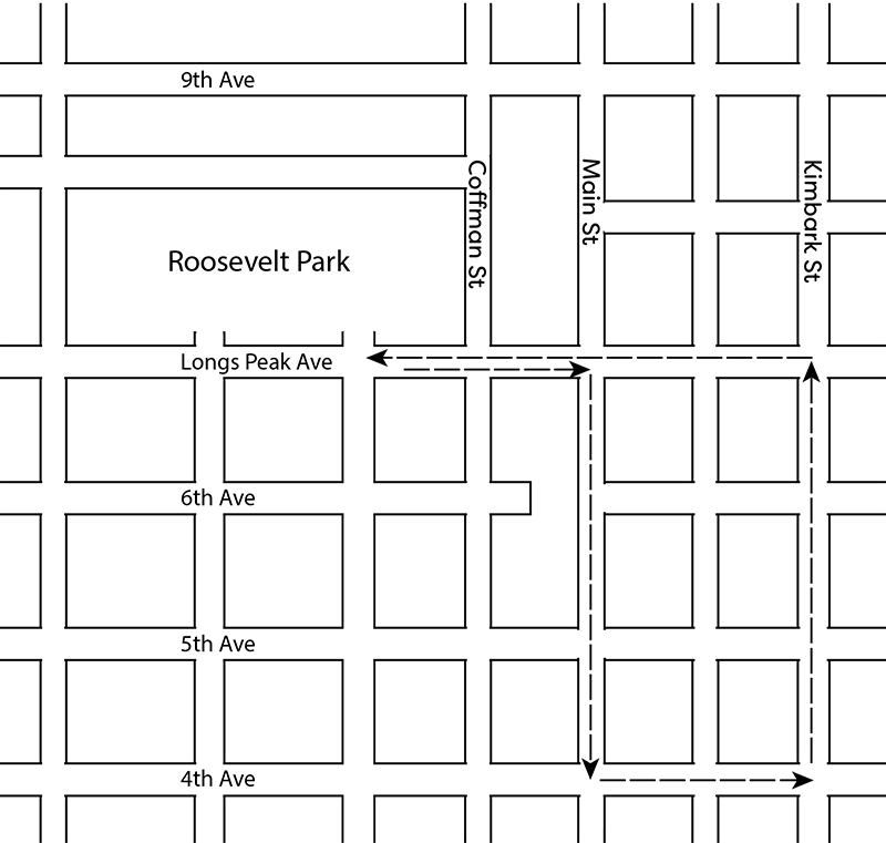 Map of Longmont around Roosevelt Park. The parade begins south of the park on at Longs Peak Avenue and heads east to cross Coffman Street. It turns right on Main Street, then left onto 4th Avenue, left again on Kimbark, and left again onto Longs Peak Avenue, returning to the south end of the park. 