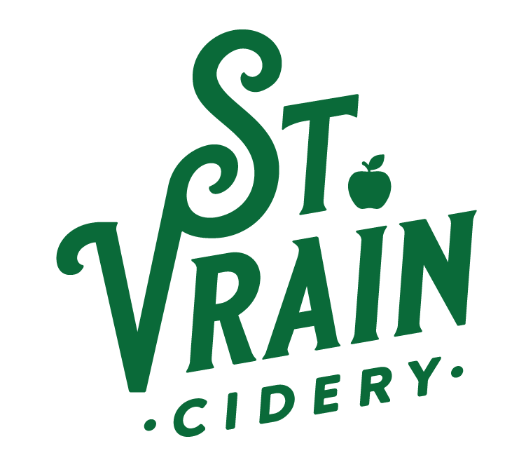 Logo for St Vrain Cidery in green featuring an apple