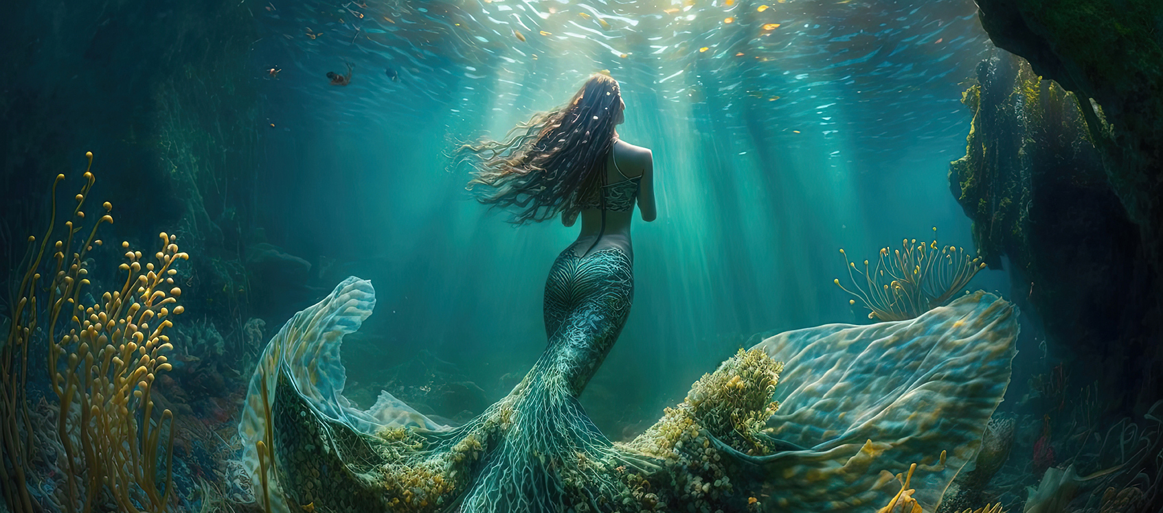 beautiful mermaid swimming under water with light shine through