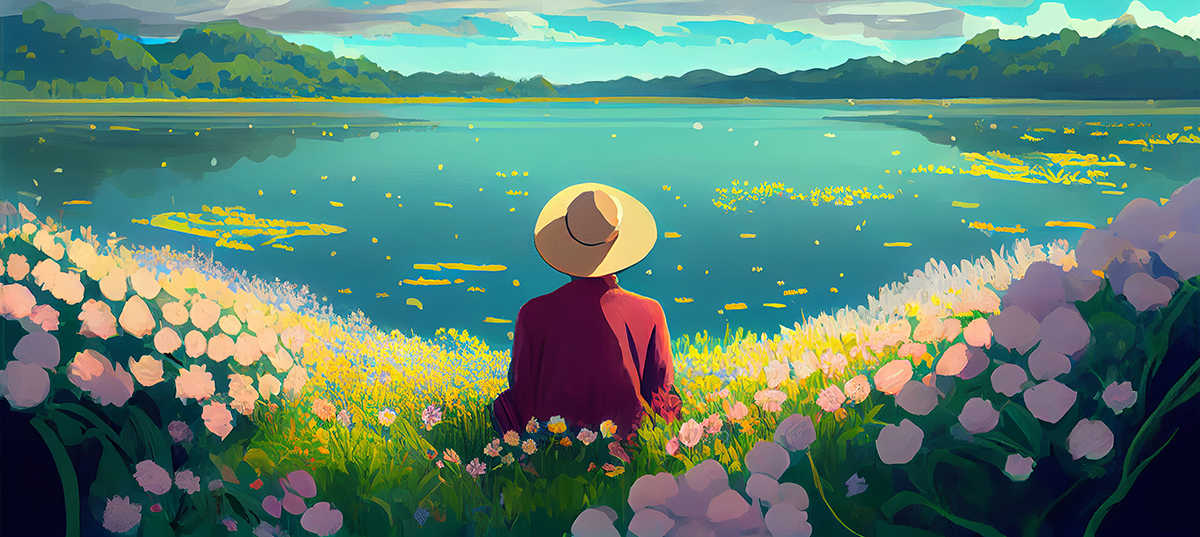 Digital anime style art painting of a man sitting with flowers