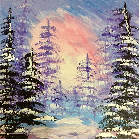 Acrylic painting of pine trees in a forest with a sunset in the background