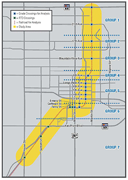 Map illustrating Longmont's 17 crossings divided into 7 potential Quiet Zones