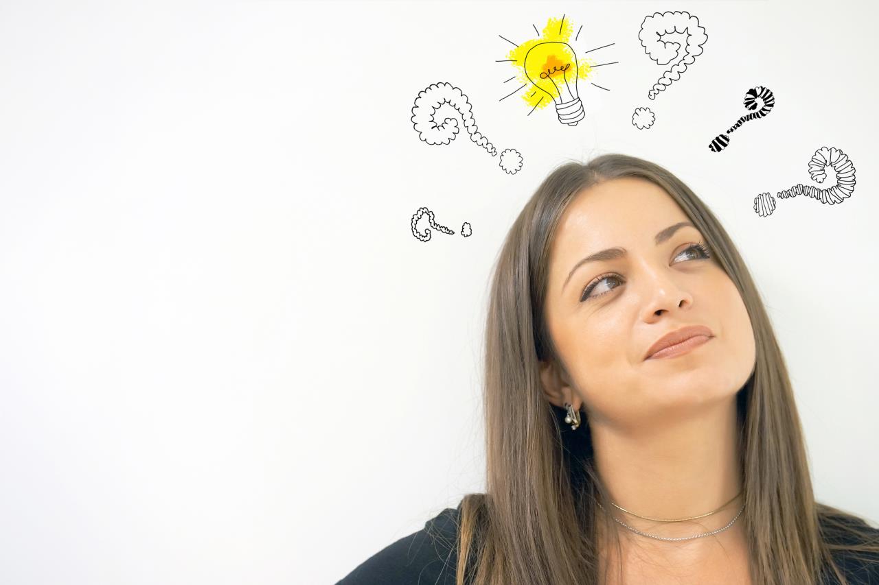 Woman surrounded by question marks and an idea light bulb