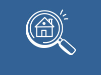 Icon of a house inside a magnifying glass on blue background