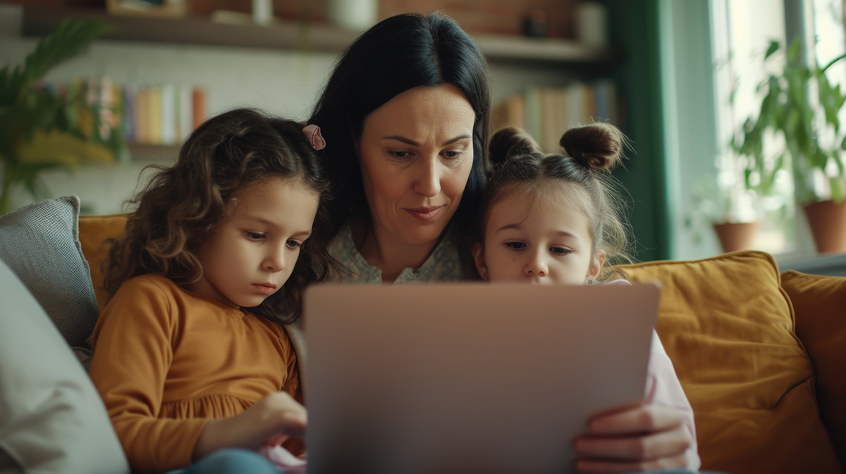 A woman and two young girls look at a laptop.