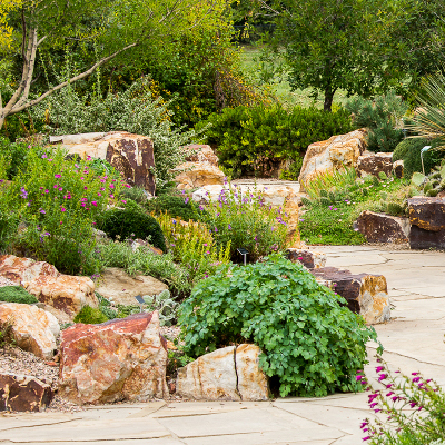 A rocky walkway winds through gardens in the summer