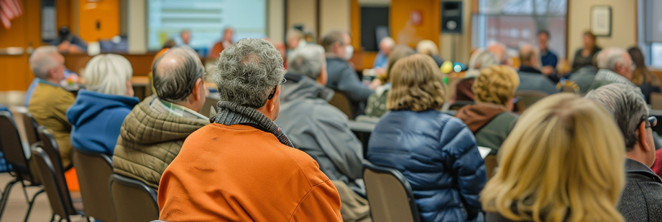 People are viewed from the back of a community meeting, like you might see at an NGLA meeting.