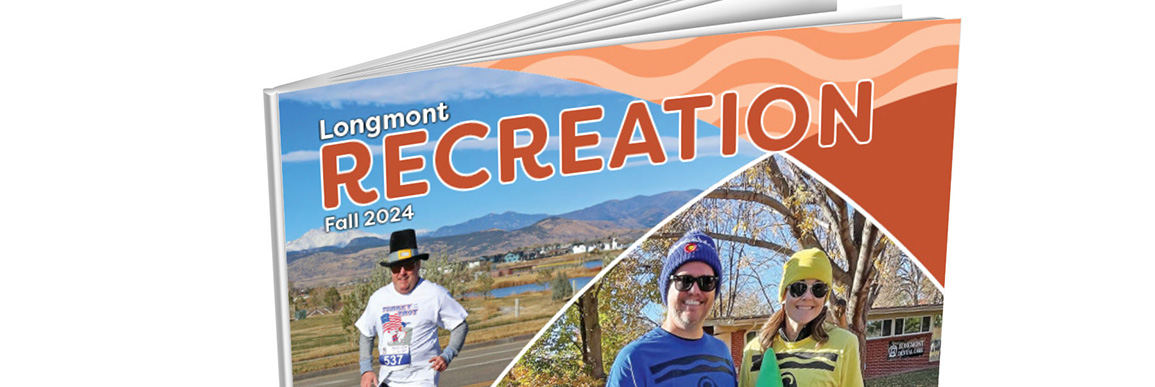 A partial view of the Fall 2024 Recreation Brochure - featuring a jogger and a Halloween couple dressed as crayons.