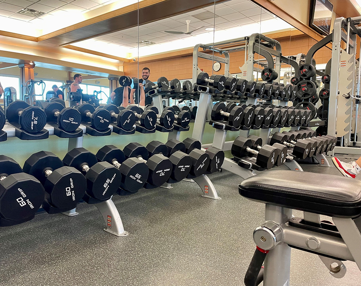 Display of weights on a rack at the Longmont Recreation Center